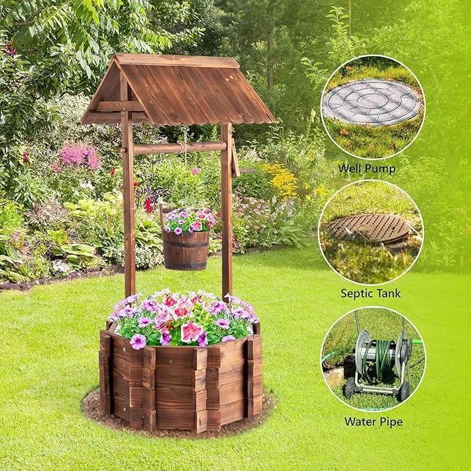 VINGLI Wooden Wishing Well Outdoor Planters, Well Covers - Image 6