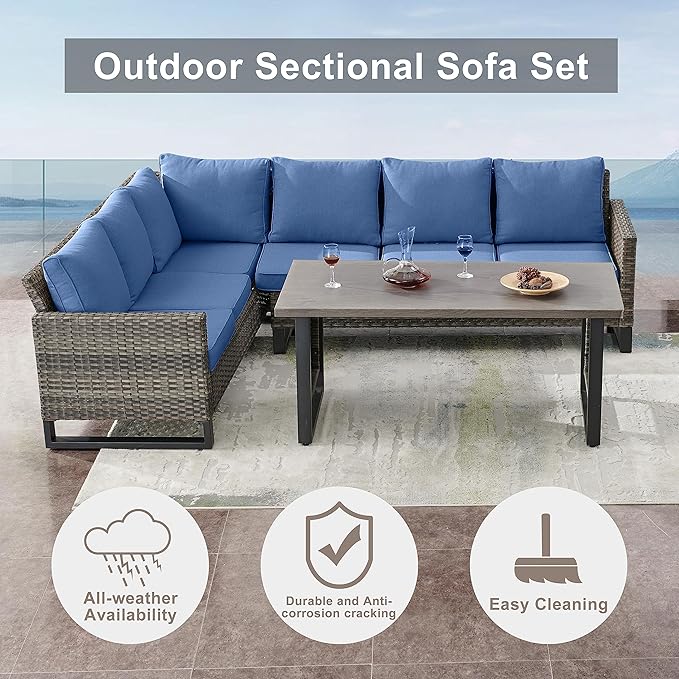 Belord Outdoor Sectional Sofa 6 Seater L Shaped Couch Wicker Patio Conversation - Image 3