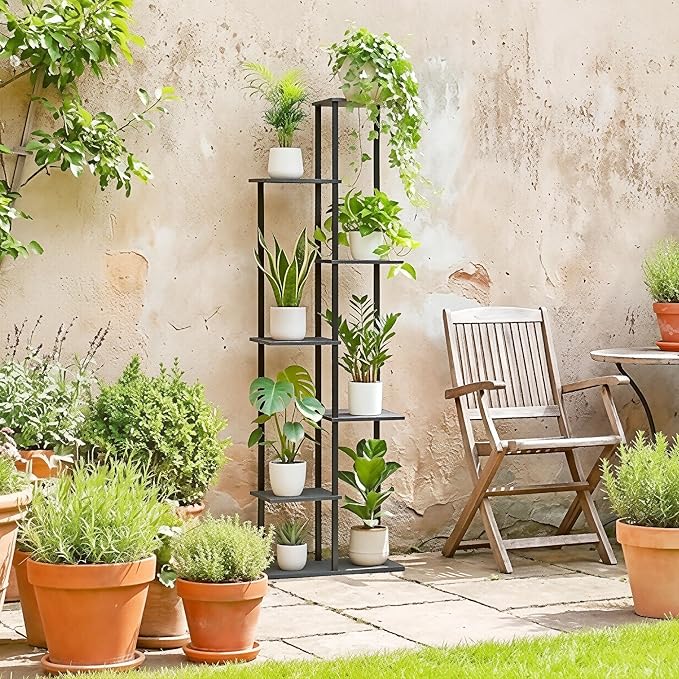 Plant Stand Indoor 7 Tier 8 Potted Metal Wood Plant Shelf, Oak Grey - Image 6