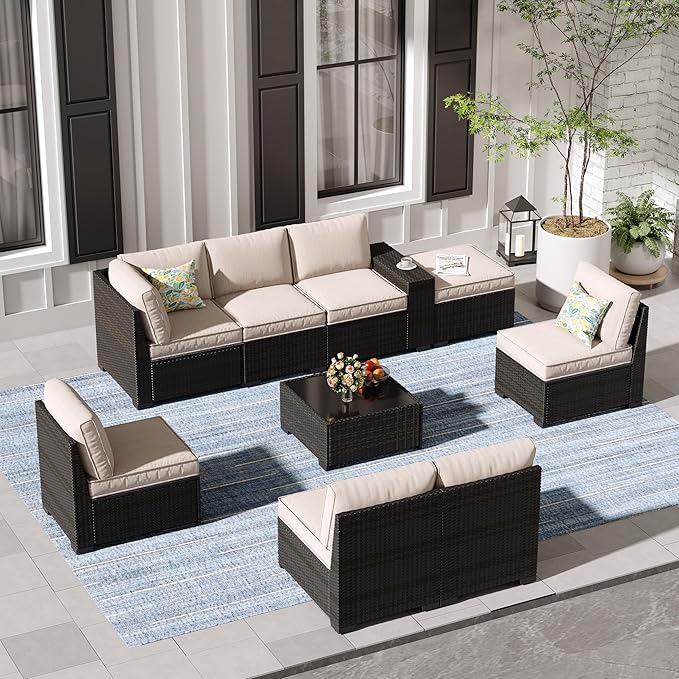 Jing's Villa 9-Piece Patio Furniture Set, All-Weather Outdoor Wicker Sectional by JingsVillaOutdoorFurniture