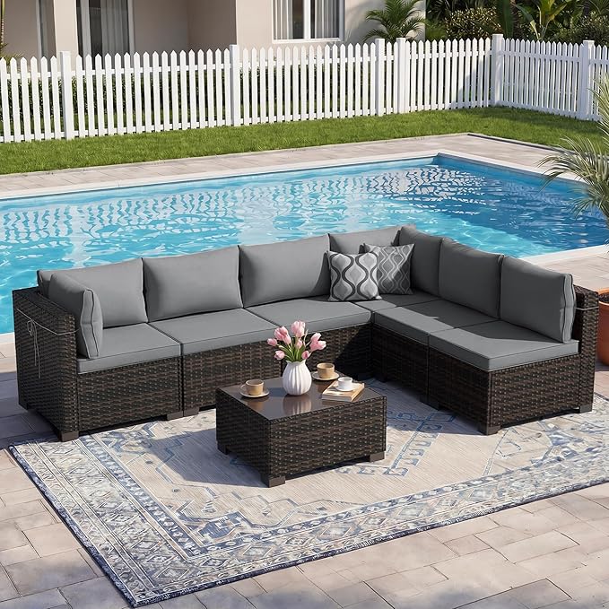LEVELEVE 7 Pieces Outdoor Patio Furniture Sets, Rattan Conversation Sectional - Image 7