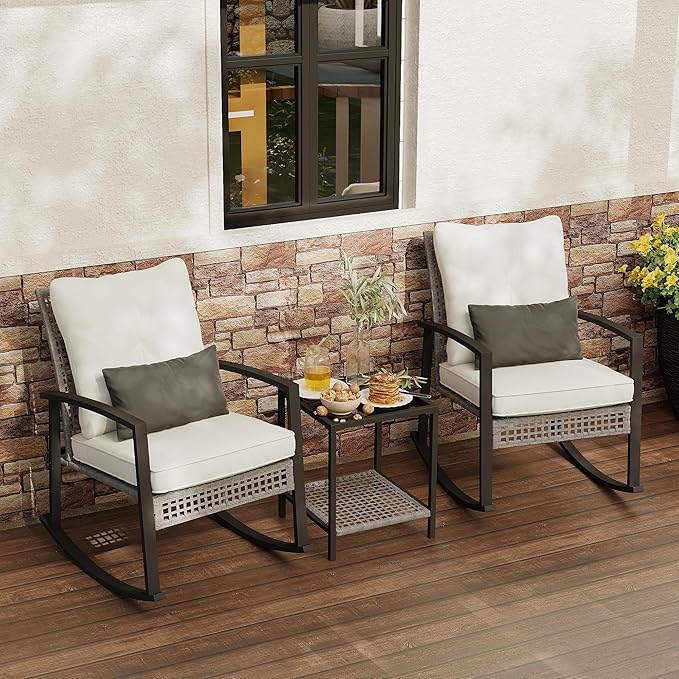 3 Piece Patio Rocking Chairs Set of 2, Outdoor Rocking Chair Bistro Set by Rotihom