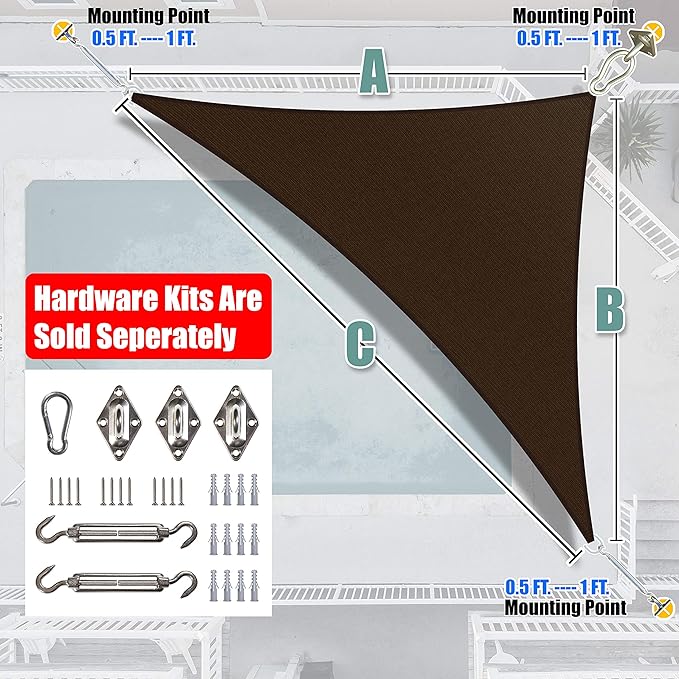 Amgo 12' x 12' x 17' Brown Right Triangle Sun Shade Sail UPF50+ Canopy Awning - Image 7