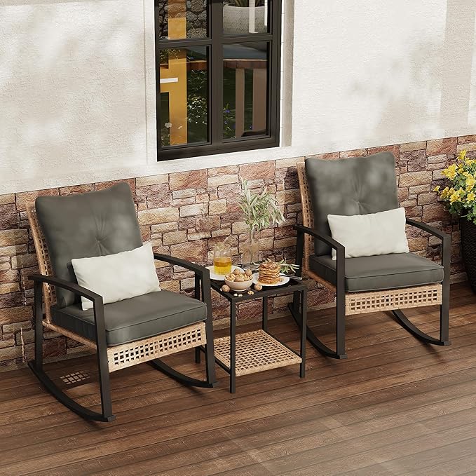 3 Piece Patio Rocking Chairs Set of 2, Outdoor Rocking Chair Bistro Set by Rotihom