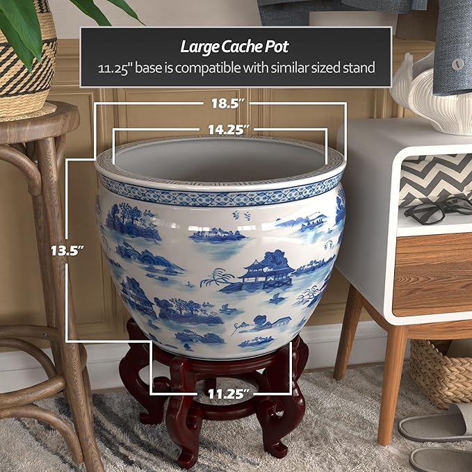 Red Lantern 18" Porcelain Fishbowl Blue & White Landscape Planter - Image 4