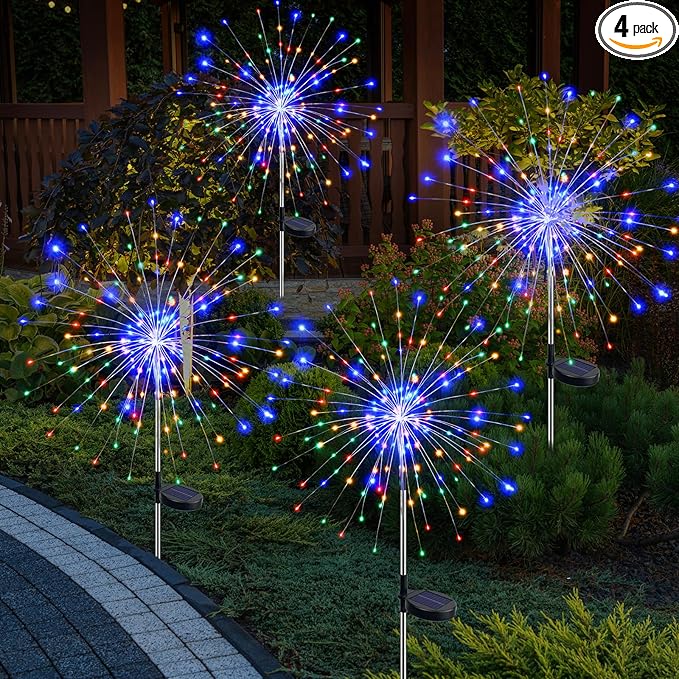 btfarm 4 Pack 120 LED Solar Garden Lights Outdoor, 8 Modes Firework Lights by btfarmdecorativelighting