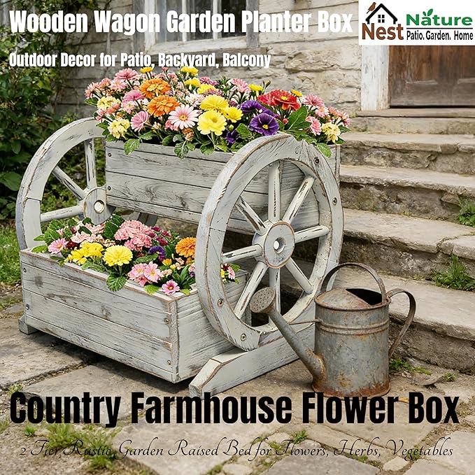 NestNature Wooden Wagon Planter Box, Raised Garden Bed, Decorative Garden - Image 6