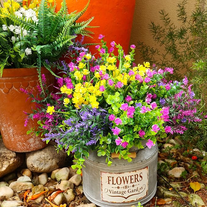 24 Bundles Artificial Fake Flowers Outdoor, 6 Styles UV Resistant No Fade Faux - Image 2