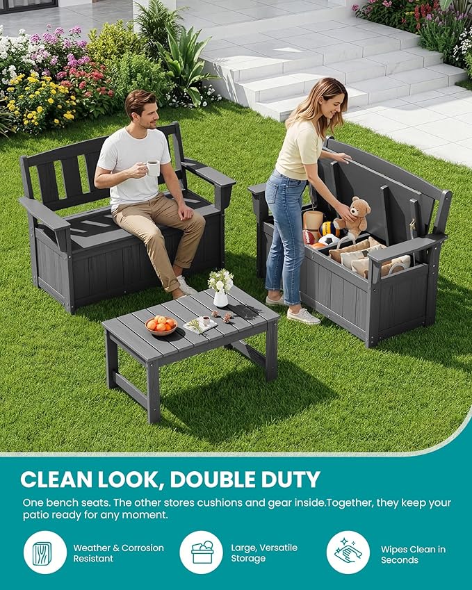 SERWALL HDPE Outdoor Storage Bench, All-Weather, UV-Resistant Deck Box - Image 8