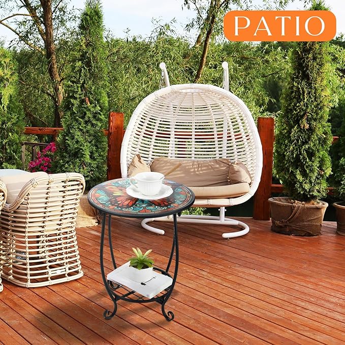 Outdoor Side Table Round Small Mosaic Patio Accent Indoor End Plant Coffee Tea - Image 4