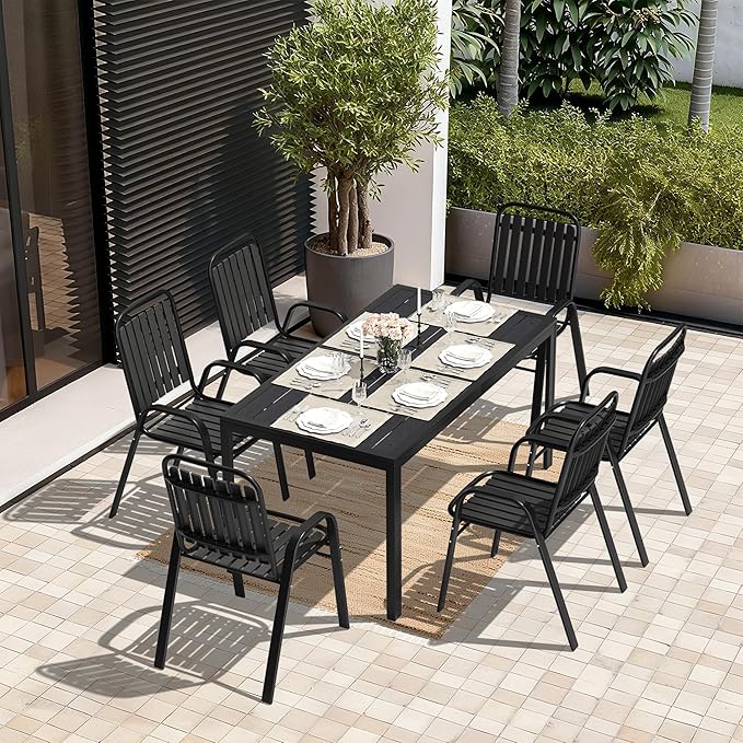 Pamapic Outdoor Dining Sets for 6, Rectangular Steel Slat Table - Image 6