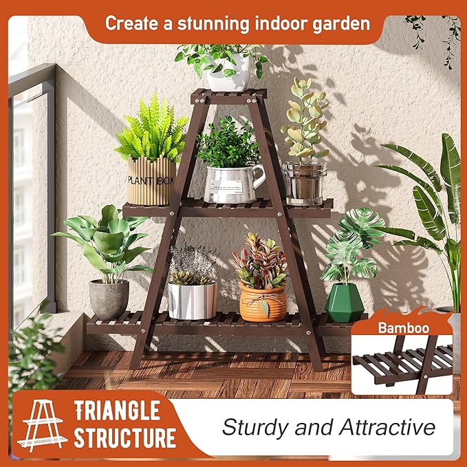 GHWIE Plant Stand Indoor Plant Shelf Outdoor bamboo Plant Rack, 3 Tiers Ladder - Image 2