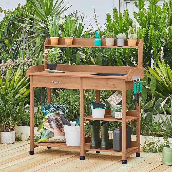 Yaheetech Potting Bench Outdoor Garden Work Bench Station Planting Solid Wood - Image 2