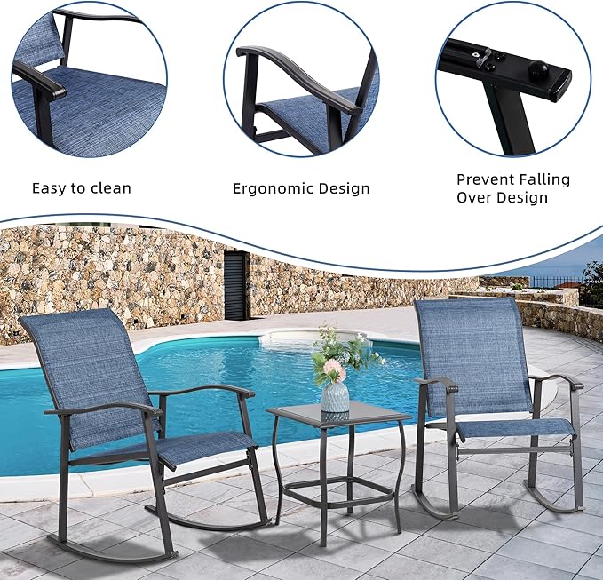 Vongrasig 3 Piece Outdoor Rocking Bistro Set, Textilene Fabric Small Patio - Image 4