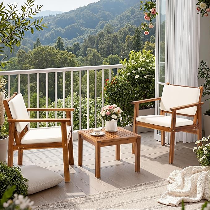 Flamaker Patio Chairs 3 Piece Acacia Wood Patio Furniture by Flamaker