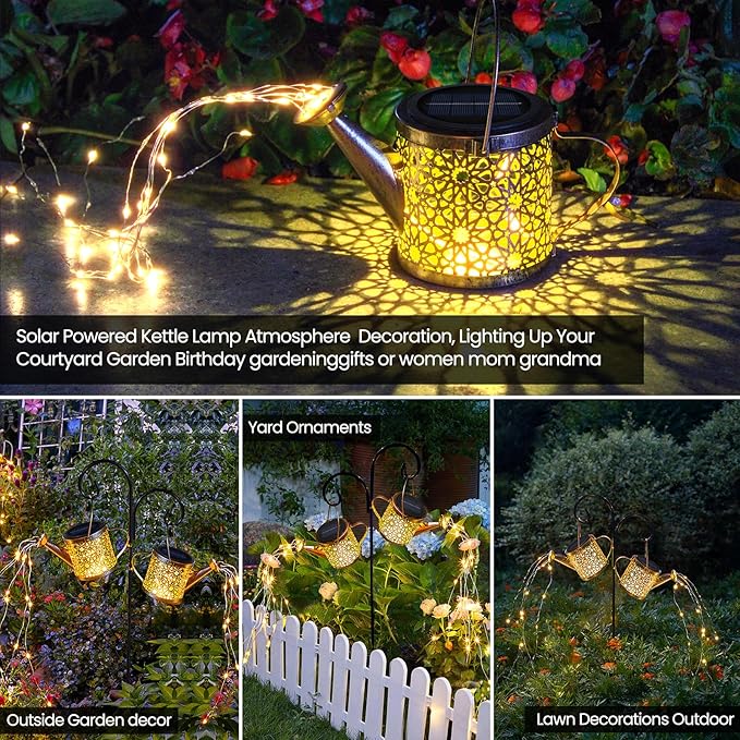 Solar Lights Outdoor Decorative, 2 Pack Metal Watering Can Lights Waterproof - Image 2