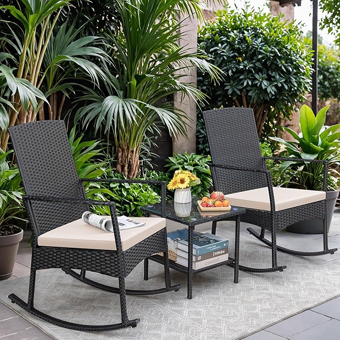 Greesum 3 Pieces Patio Furniture Set Outdoor Wicker Rocking Chairs - Image 2