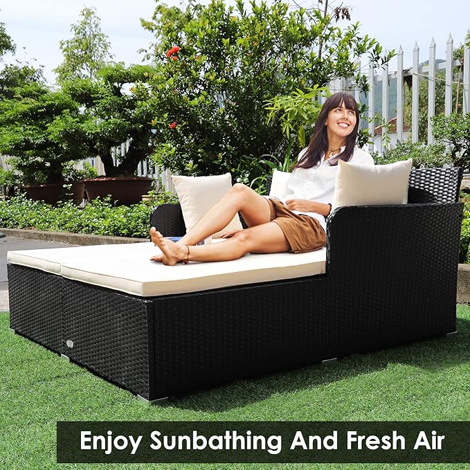 COSTWAY Outdoor Patio Rattan Daybed, Sponge Cushioned Loveseat Sofa - Image 5