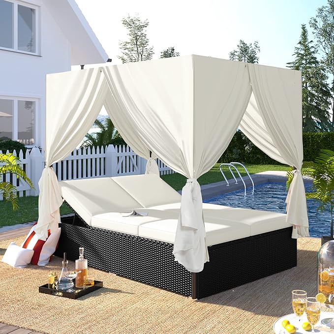 Patio Chaise Lounge, PE Rattan Outdoor Patio Wicker Sunbed Daybed by HarperBrightDesigns