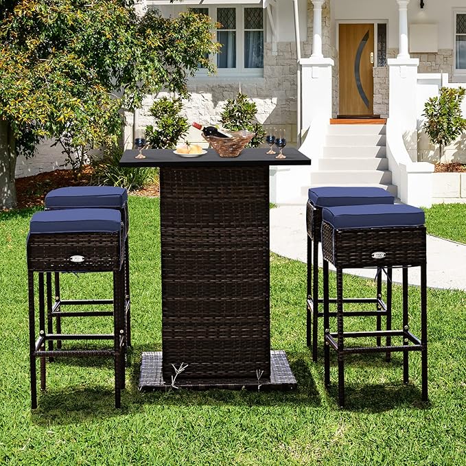 Tangkula 5 Piece Outdoor Rattan Bar Set, Patio Bar Furniture - Image 3