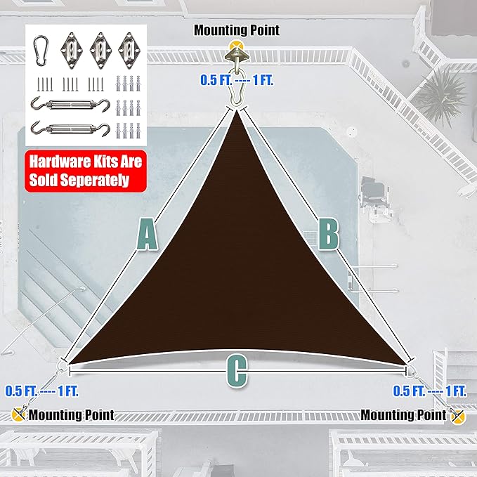 Amgo 12' x 12' x 12' Brown Triangle Sun Shade Sail UPF50+ Canopy Awning AGSLT - Image 7