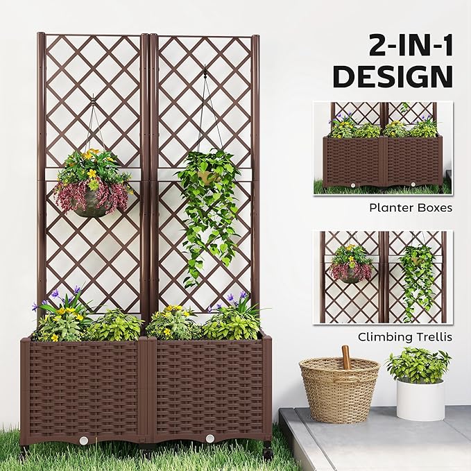 Outsunny Planter Box with Trellis, Self Watering Raised Garden Bed with - Image 3