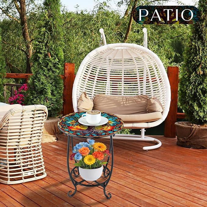 Outdoor Side Table Round Small Mosaic Patio Accent Indoor End Plant Coffee Tea - Image 6
