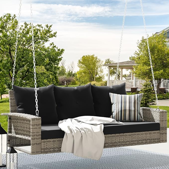 DWVO 3-Seats Wicker Hanging Porch Swing Chair Outdoor Gray Rattan Patio Swing by DWVO
