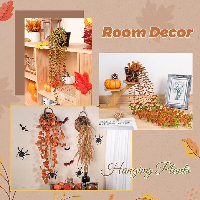 Der Rose 4Pcs Fake Fall Plants Hanging Orange Artificial Eucalyptus Plants - Image 2