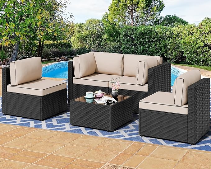 Shintenchi 5 Pieces Outdoor Patio Sectional Sofa Couch, Patio Conversation Sets by Shintenchi