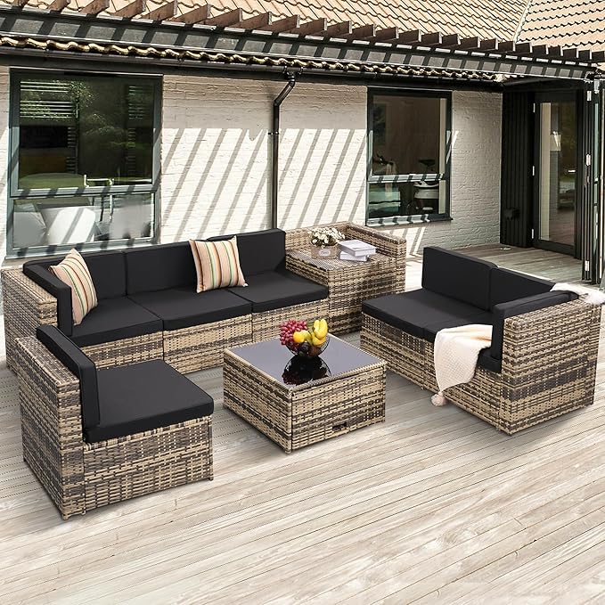 8-Piece Patio Furniture Set, Outdoor Wicker Rattan Sectional by KROFEM