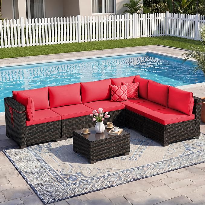 LEVELEVE 7 Pieces Outdoor Patio Furniture Sets, Rattan Conversation Sectional - Image 7