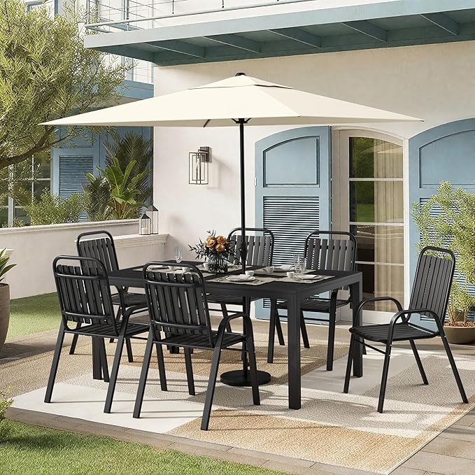 Pamapic Outdoor Dining Sets for 6, Rectangular Steel Slat Table by Pamapic