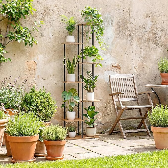 Plant Stand Indoor 7 Tier 8 Potted Metal Wood Plant Shelf, Rustic Brown - Image 7