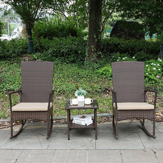 Outdoor Rocking Chair 3 Pieces High-Backed Rocking Chair Patio Rocking Chairs - Image 3