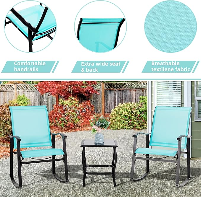 Vongrasig 3 Piece Outdoor Rocking Bistro Set, Textilene Fabric Small Patio - Image 4