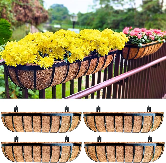 LaLaGreen Railing Planter Boxes Black Metal Rectangular Flower Boxes by L%C3%A1L%C3%A1Green