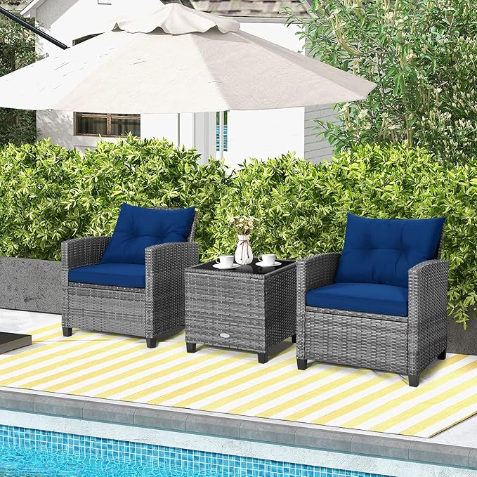 Tangkula 3 Pieces Patio Furniture Set, Outdoor PE Rattan Conversation Chair Set - Image 4