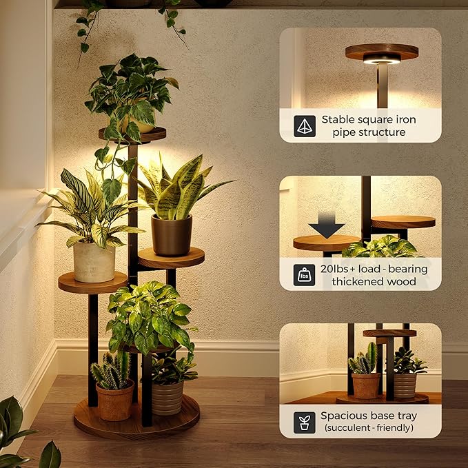 Bamworld Plant Stand with Grow Lights Indoor Plant Stand Tall Metal Wood Plant - Image 3