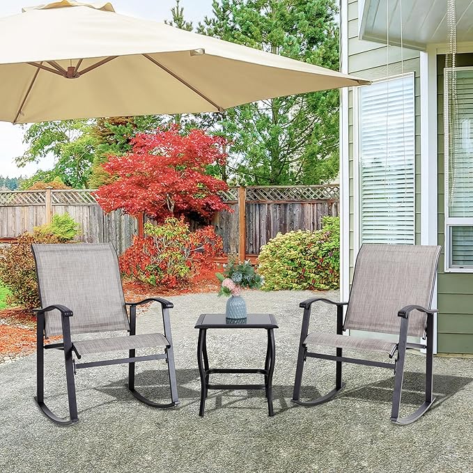 Vongrasig 3 Piece Outdoor Rocking Bistro Set, Textilene Fabric Small Patio - Image 9