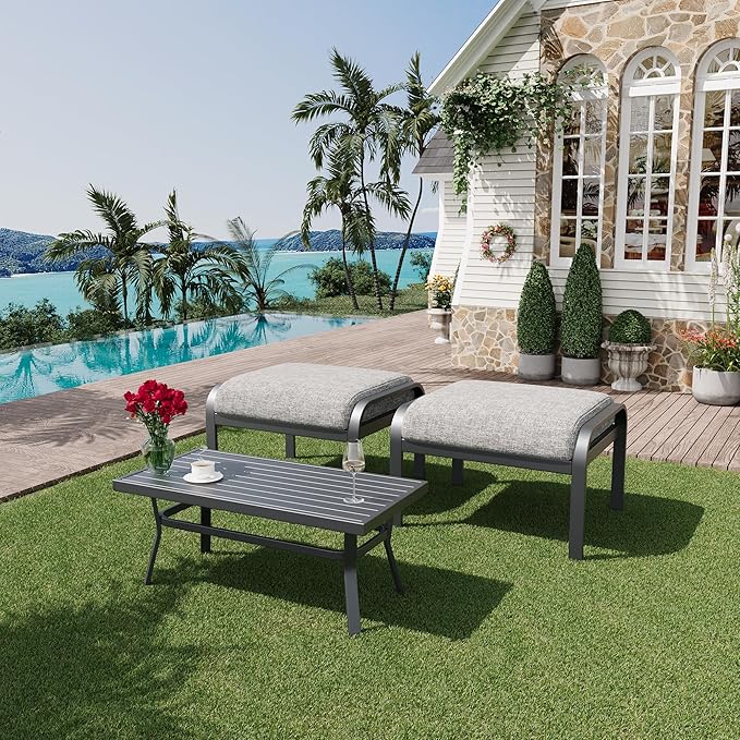 HOMREST Metal Outdoor Ottoman, 3-Piece Aluminum Footstool w/Removable Cushion by HOMREST