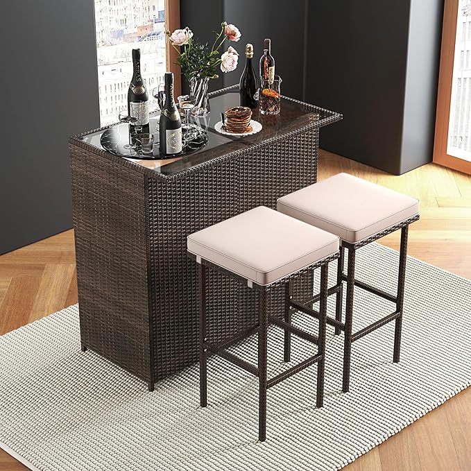 Tangkula 3 Piece Patio Bar Set, Outdoor Rattan Bar Table and 2 Stools - Image 9