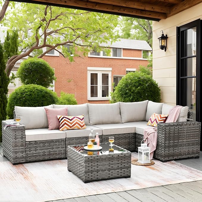ovios 6 Pieces Patio Furniture Set, Outdoor Wicker Sectional Sofa by OVIOS