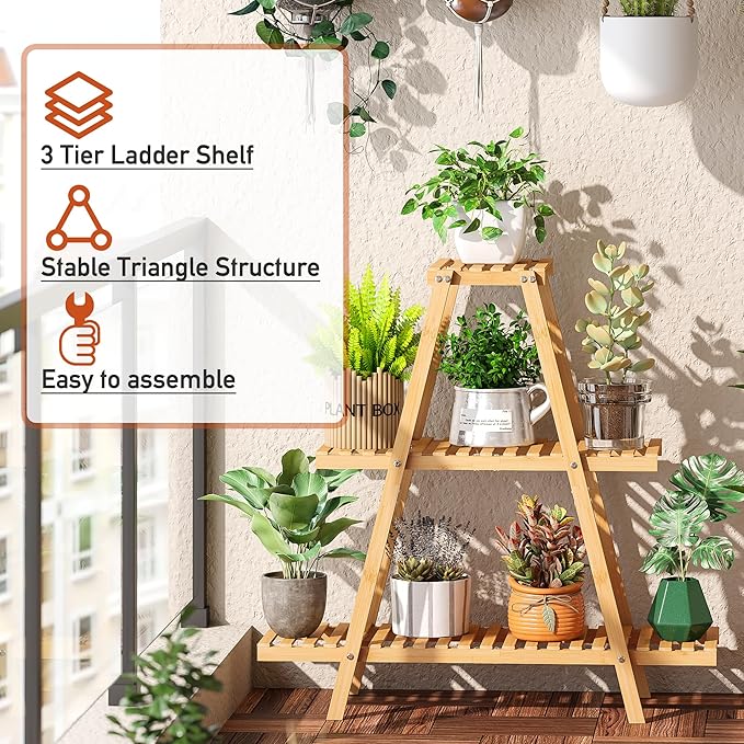 GHWIE Plant Stand Indoor Plant Shelf Outdoor bamboo Plant Rack, 3 Tiers Ladder - Image 6