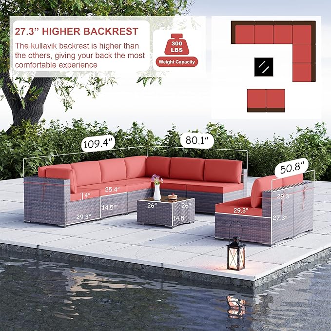 Kullavik 9 Pieces Outdoor Patio Furniture Set PE Wicker Rattan Sectional Sofa - Image 2
