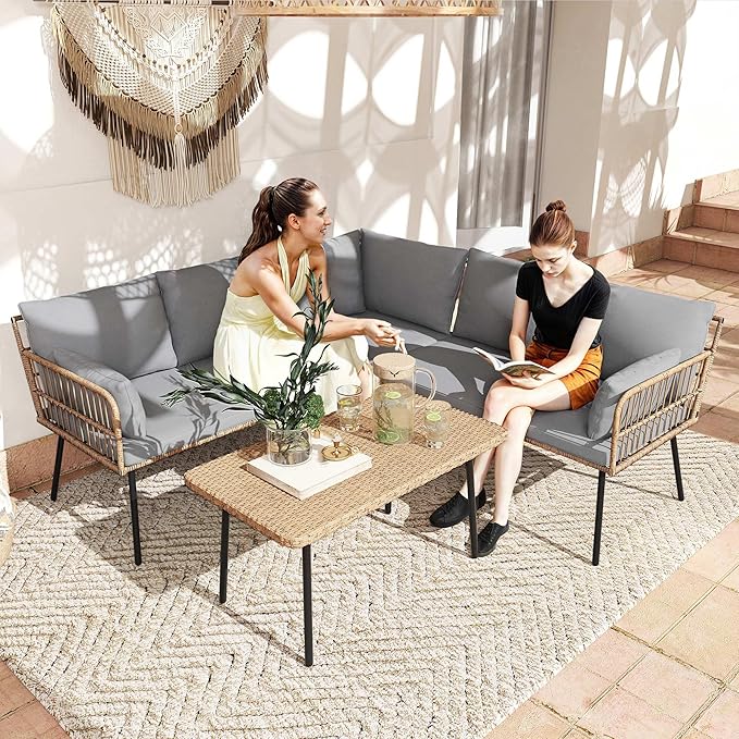 DWVO 4-Piece Outdoor Sectional Sofa Set, All-Weather Wicker L-Shaped 5-Seater - Image 2