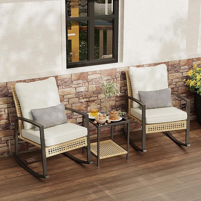3 Piece Patio Rocking Chairs Set of 2, Outdoor Rocking Chair Bistro Set by Rotihom