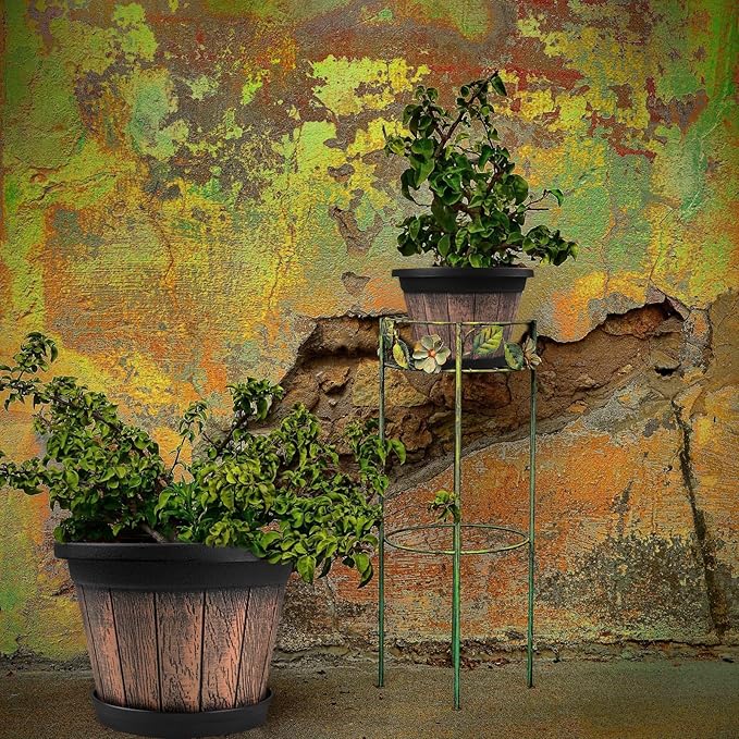 Quarut Large Plastic Plant Pots Set of 4 Pack13 inch, Whiskey Barrel Planters - Image 6