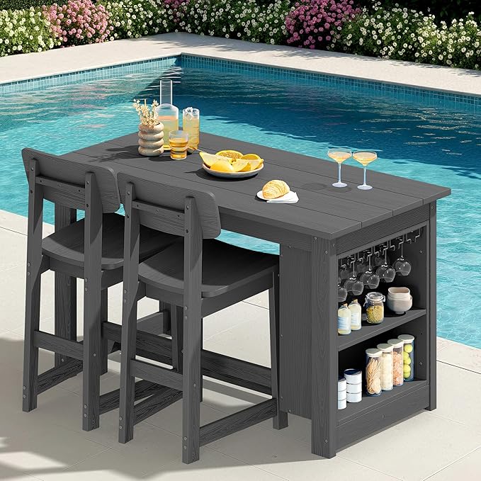 SERWALL 3-Piece Outdoor Counter Height Bar Set, HDPE Patio Bar Table by SERWALL