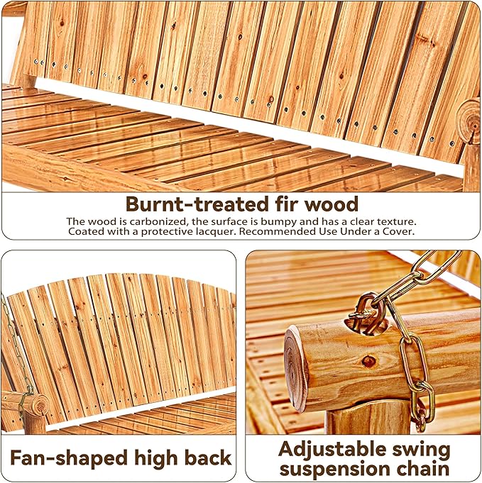 Outdoor Porch Swing Front Porch Hanging Wooden Bench Swing 3 Seat Chair - Image 5